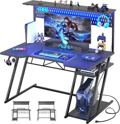 Armocity Gaming Computer Desk with Shelves and Outlets, Gaming Desk with Hutch and LED Lights, Reversible PC Gaming Desks with Pegboard, Carbon Fiber Black 47'' - Image 2