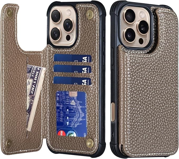 Thryxop Compatible with iPhone 16 Pro Max 6.9 Inch Wallet Case,Genuine Leather Shockproof Anti-Fall, Flip Cover with Card Slot, Double Magnetic Buckle,Kickstand Durable, Gray Brown - Image 1