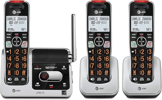 AT&T BL102-3 DECT 6.0 3-Handset Cordless Phone for Home with Answering Machine, Call Blocking, Caller ID Announcer, Audio Assist, Intercom, and Unsurpassed Range, Silver/Black - Image 1