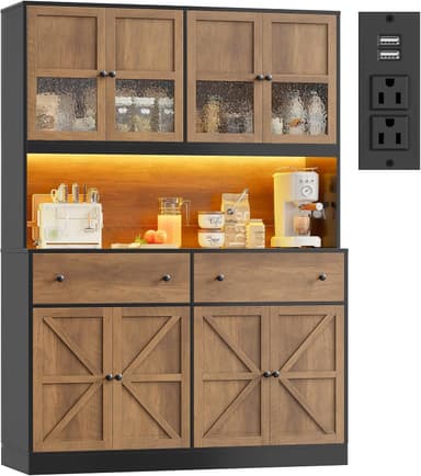 FINETONES 71" Pantry Cabinet with LED Light and Charging Station, Farmhouse Kitchen Pantry Cabinet with Microwave Stand, 47.2" Wide Kitchen Hutch Food Pantry with Open Countertop, Black/Brown - Image 2