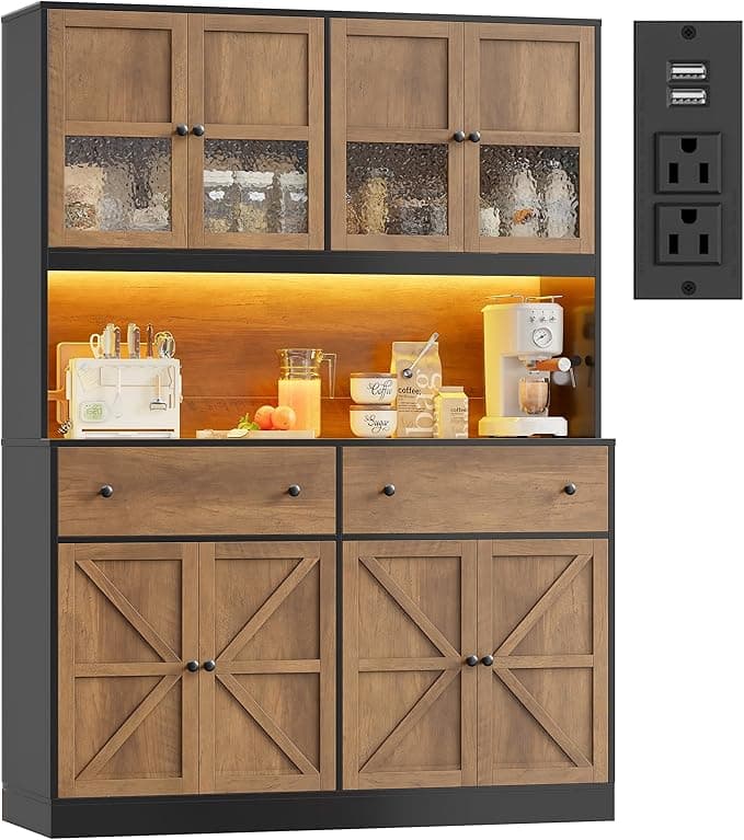 FINETONES 71" Pantry Cabinet with LED Light and Charging Station, Farmhouse Kitchen Pantry Cabinet with Microwave Stand, 47.2" Wide Kitchen Hutch Food Pantry with Open Countertop, Black/Brown - Image 1