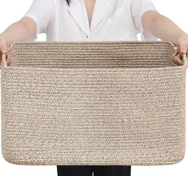 Optish 75L Blanket Basket, Large Woven Baskets for Storage, Blanket Storage for Living Room, Rope Basket with Handles for Bedroom, Nursery, Toys, Clothes, 22” x 17” x 11.5”, Brown - Image 1