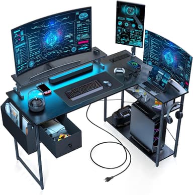 Gaming Desk, 47 inch L Shaped Gaming Desk, Computer Desk with LED Lights & Adjustable Stand, Power Outlets, Storage Drawer, Reversible with Shelves, Hook, Black Carbon Fiber - Image 2