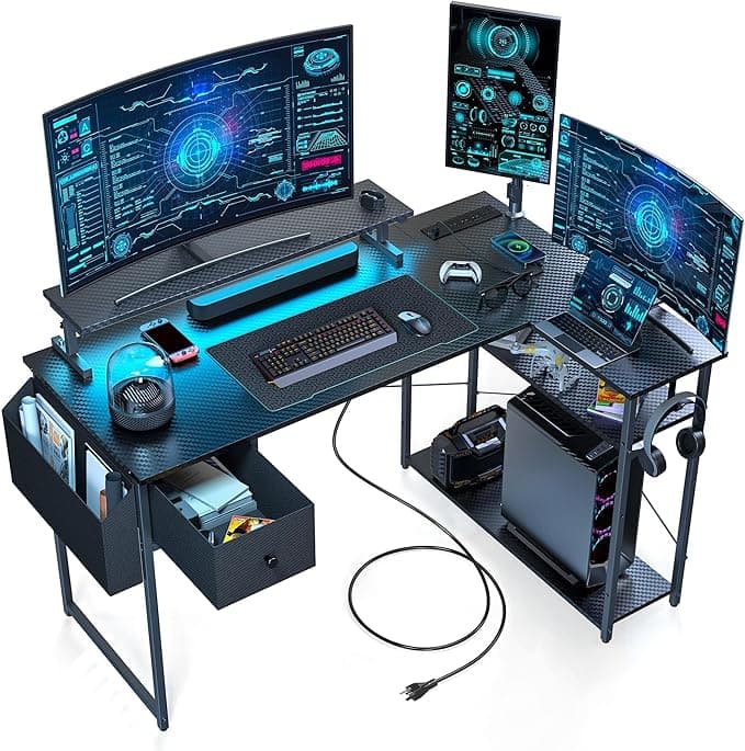 Gaming Desk, 47 inch L Shaped Gaming Desk, Computer Desk with LED Lights & Adjustable Stand, Power Outlets, Storage Drawer, Reversible with Shelves, Hook, Black Carbon Fiber - Image 1