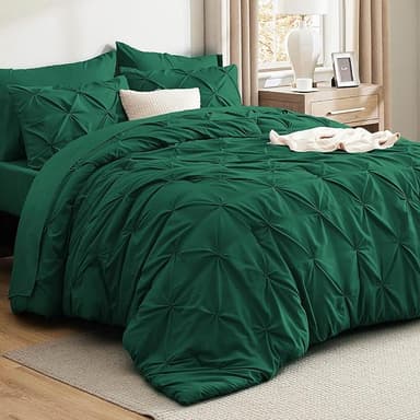 Bedsure Twin Comforter Set Dark Green - Bed in a Bag Twin Size 5 Pieces, GentleSoft™ Pintuck Bed Set Gift for Family, Pinch Pleat Dark Green Comforter with Sheets, Pillowcase & Sham - Image 1