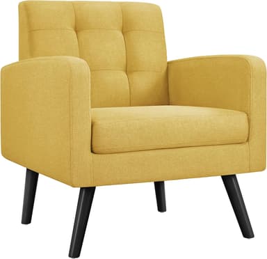 Yaheetech Mid-Century Accent Chairs, Modern Upholstered Living Room Chair, Cozy Armchair Button Tufted Back and Wood Legs for Bedroom/Office/Cafe, Yellow - Image 2