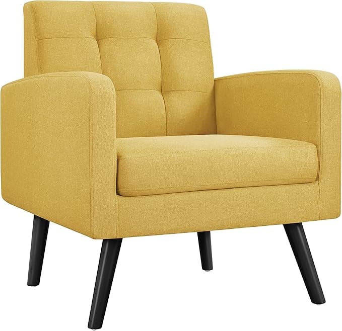 Yaheetech Mid-Century Accent Chairs, Modern Upholstered Living Room Chair, Cozy Armchair Button Tufted Back and Wood Legs for Bedroom/Office/Cafe, Yellow - Image 1